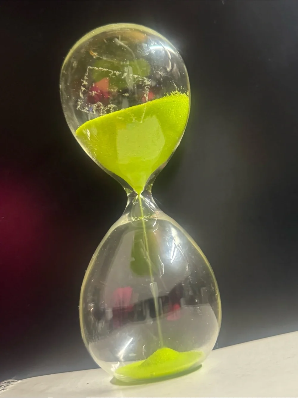 10 minute glass egg timer with lime green sand hour glass 8” tall